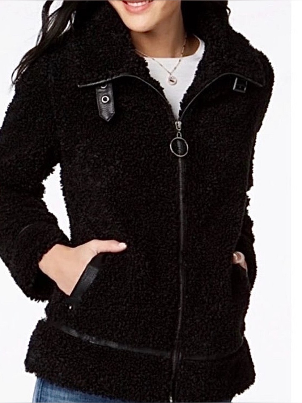 Madden Girl Junior’s Black Faux Fur Teddy Sherpa Jacket Faux Leather Trim Size L